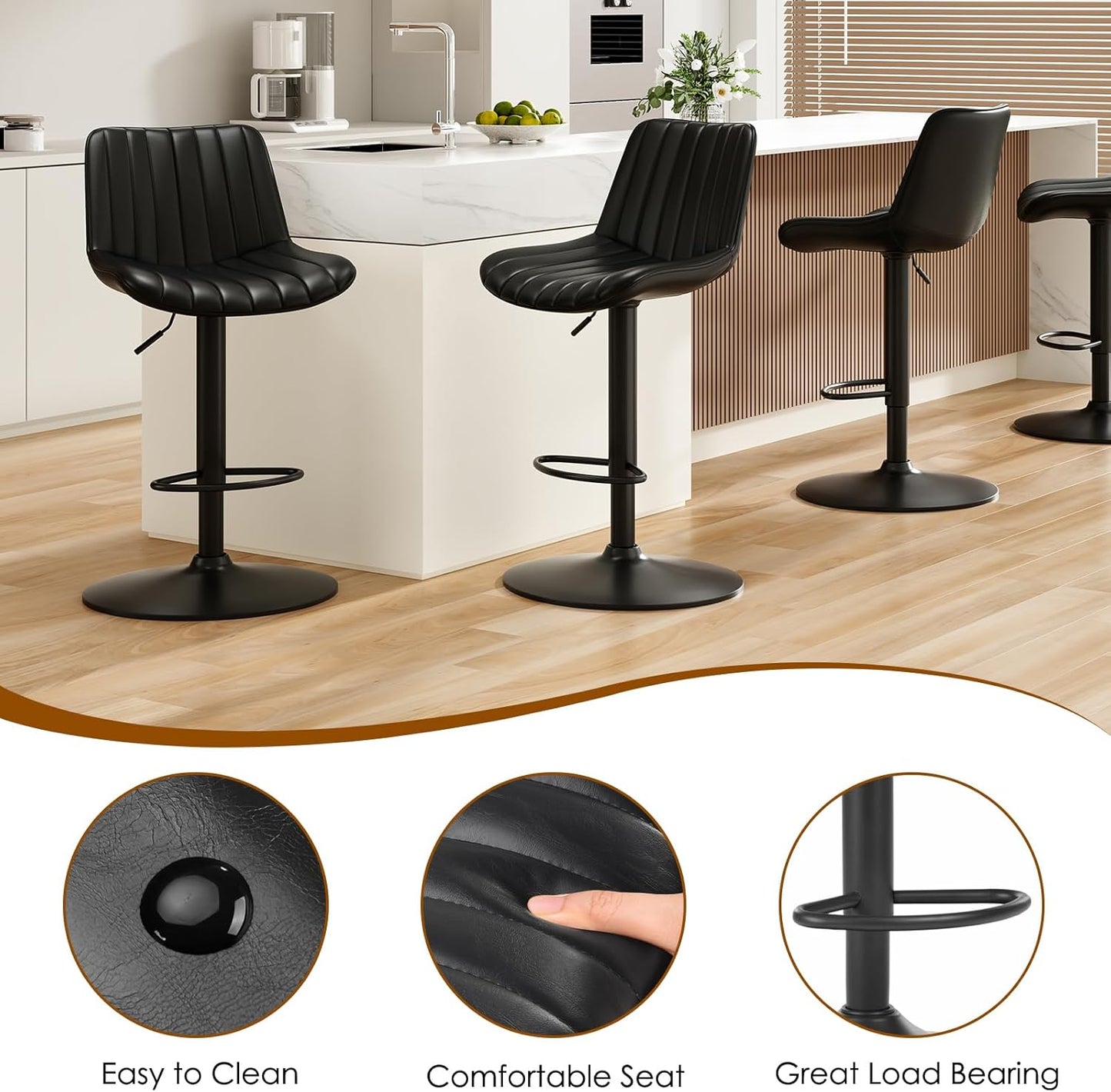 Farini Bar Stools Set of 2, Swivel Adjustable Barstools, Bar Height Stools with Back Support, PU Leather Counter Height Bar Chairs for Kitchen Island Rustic Barstool