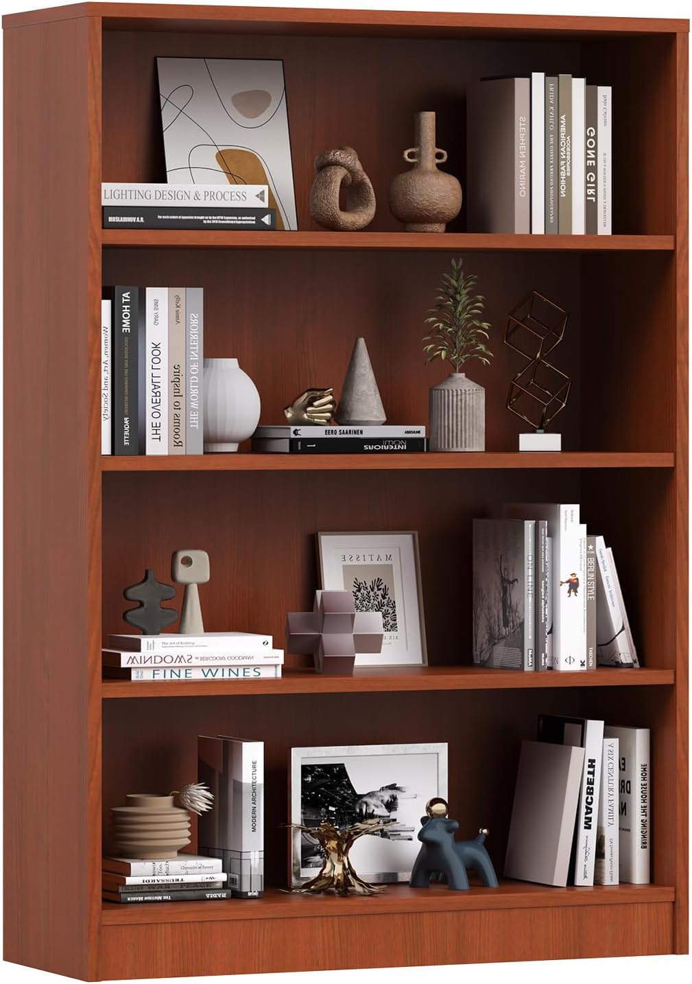 Farini 4 Tiers Bookcase, Wooden Bookcase with Adjustable Shelves for Home, Office