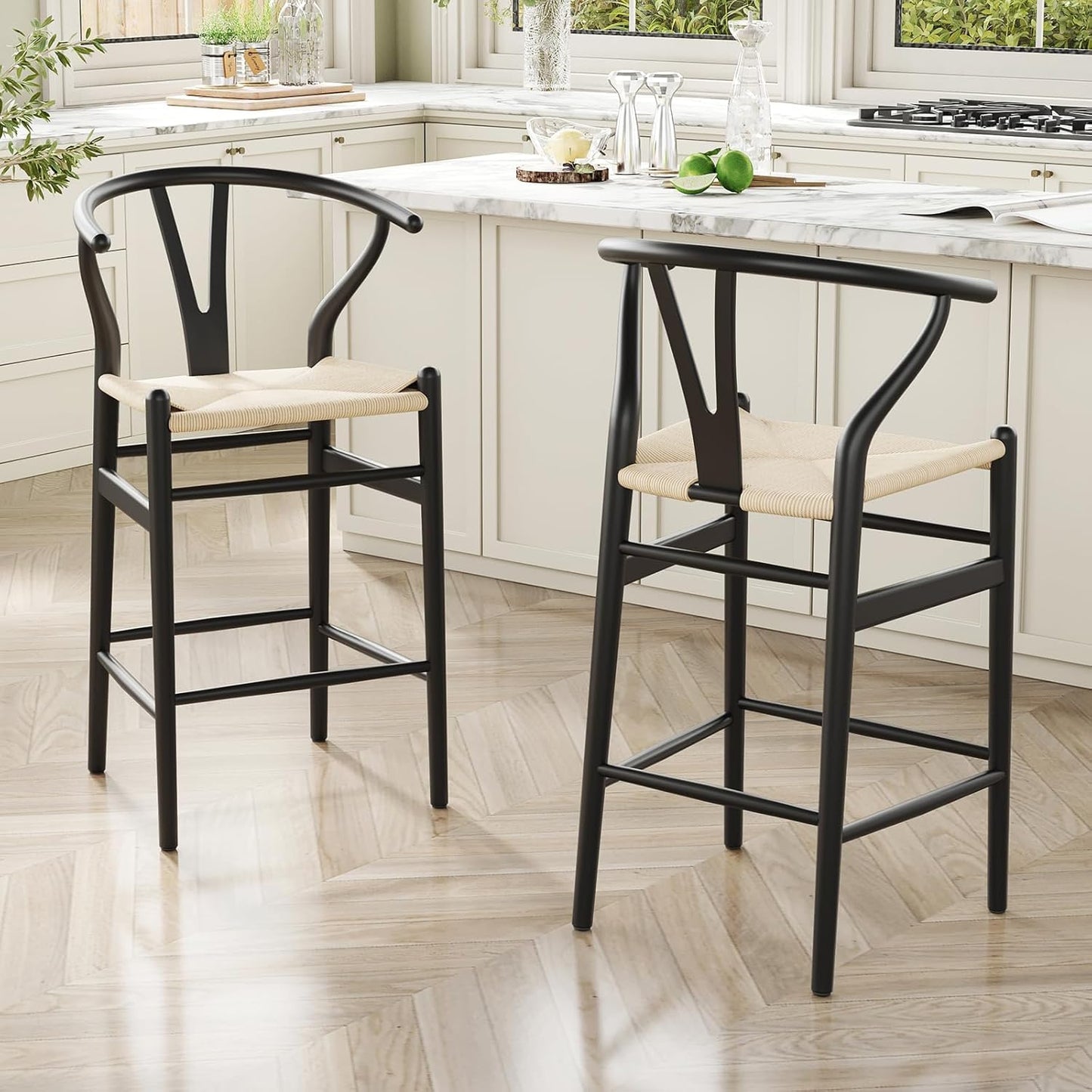 Farini Wishbone Barstool,Weave Counter Height Bar Stools, Fully Assembled Rattan Bar Chairs for Kitchen Island,1pc