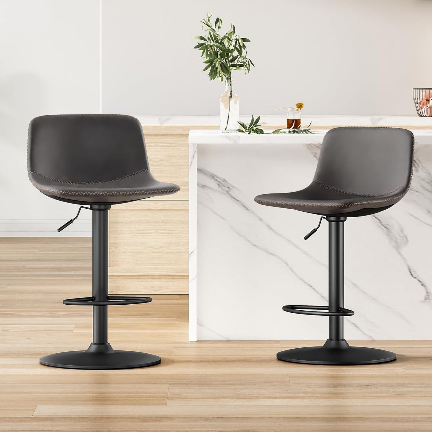 Farini Adjustable Bar Stools Set of 2, Modern Swivel Bar Stools, Bar Height Stools with Back Support, Pu Leather Bar Stool for Kitchen Island Counter