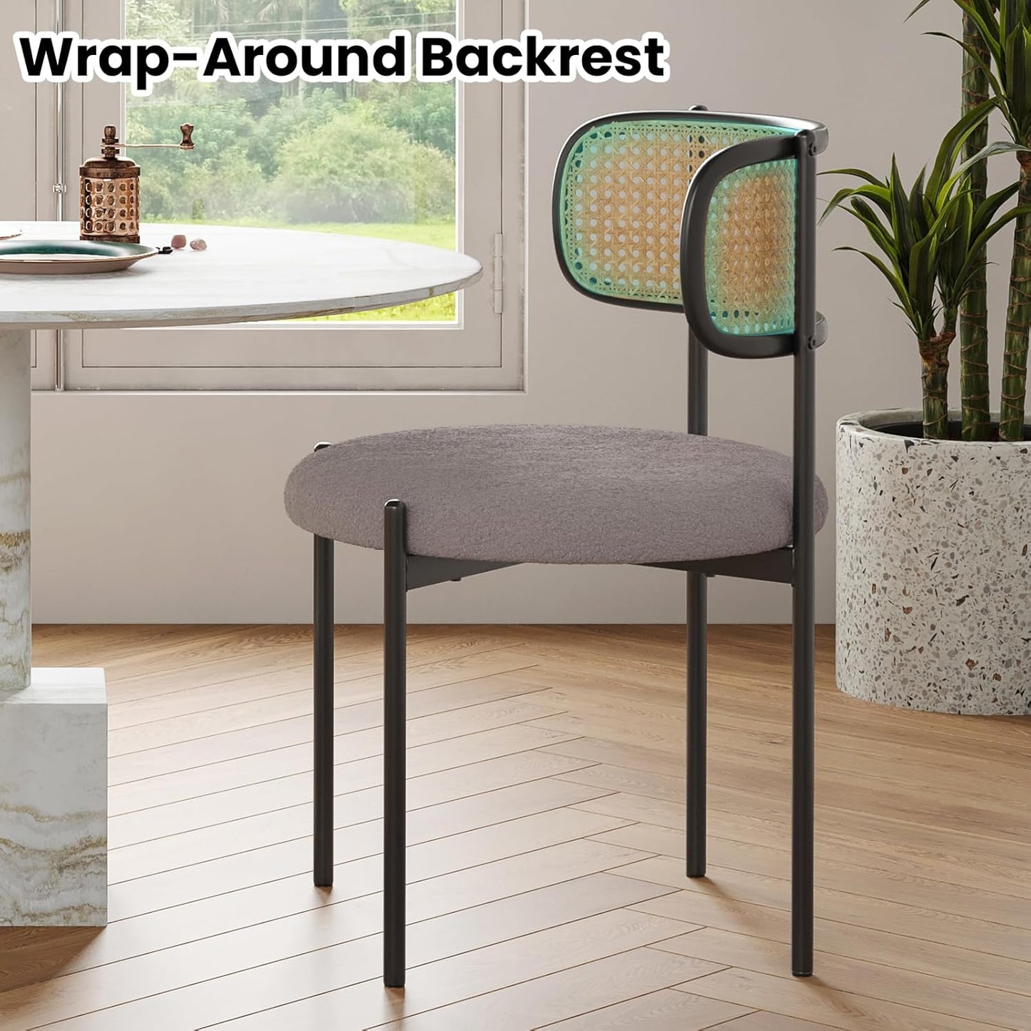 Farini Modern Upholstered Dining Chairs Set of 4,Rattan Back Dining Room Chairs,Accent Kitchen Chairs with Metal Legs,Light Gray