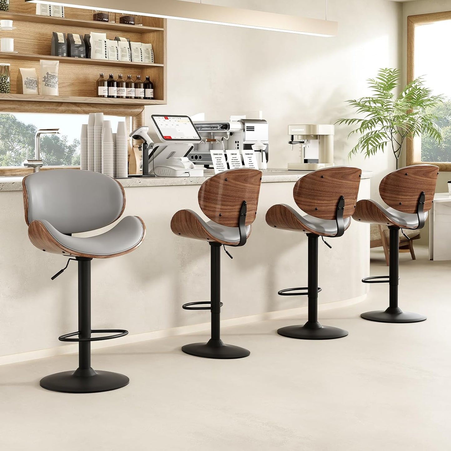 Farini Swivel Bar Stools Set of 4 Adjustable Height Bentwood Barstools with PU Leather Upholstered Seat, Backrest and Footrest,Modern Kitchen Counter Chairs for Bar, Dining Room,Black