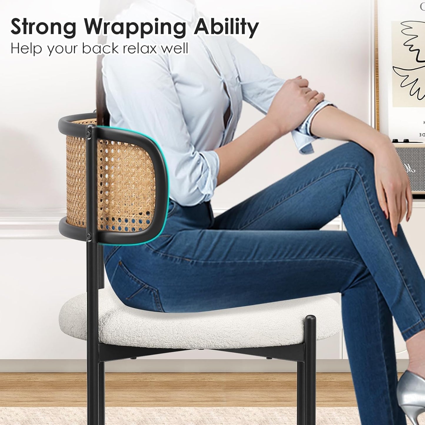 Farini Upholstered Dining Chair Set of 4, Rattan Backrest Kitchen Chair