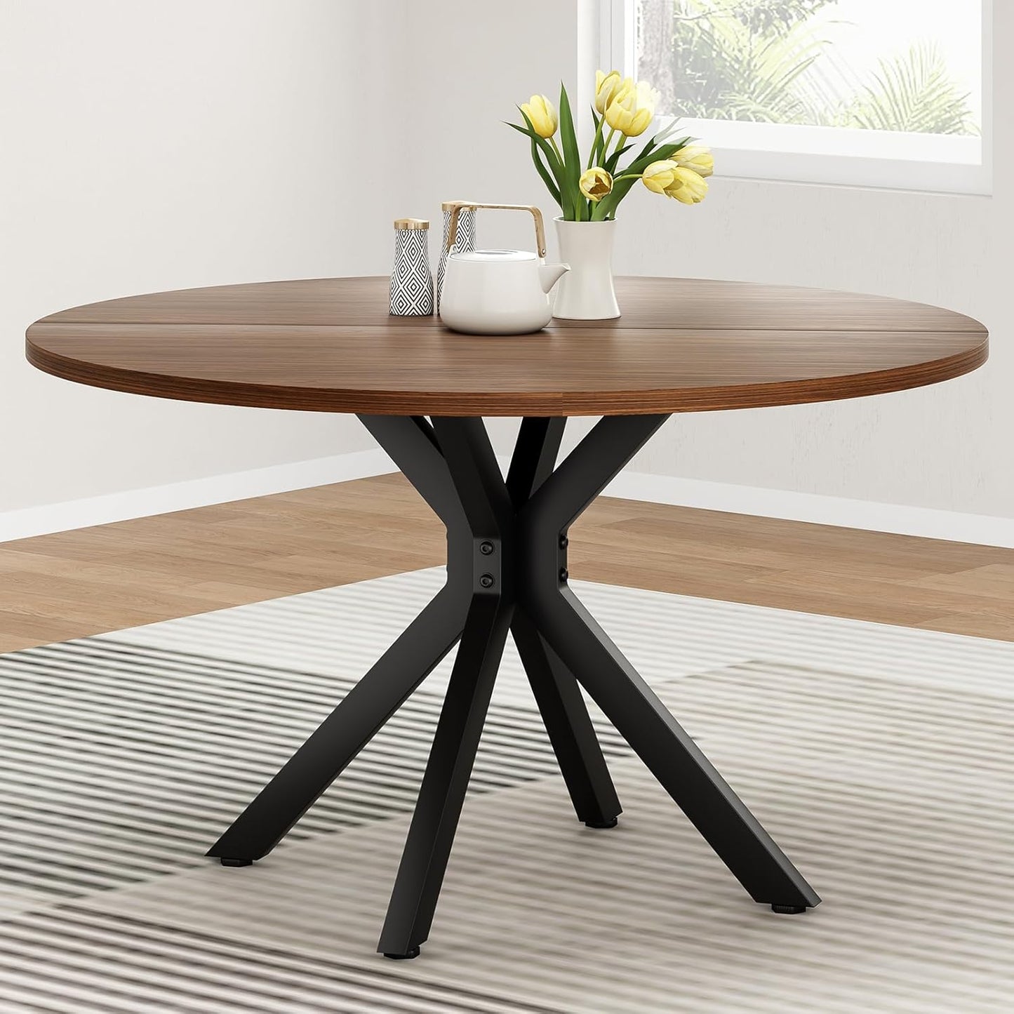 Farini 47.2" Solid Wood Round Dining Kitchen Table for 4-6 People with Intersecting Pedestal Base