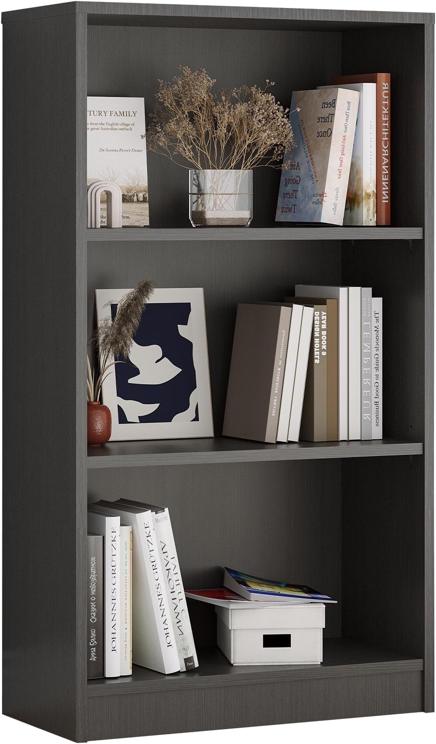 Farini Bookcase Freestanding 3 Shelf Wood Bookshelf Adjustable Shelves for Home Office,3 Layer, Grey