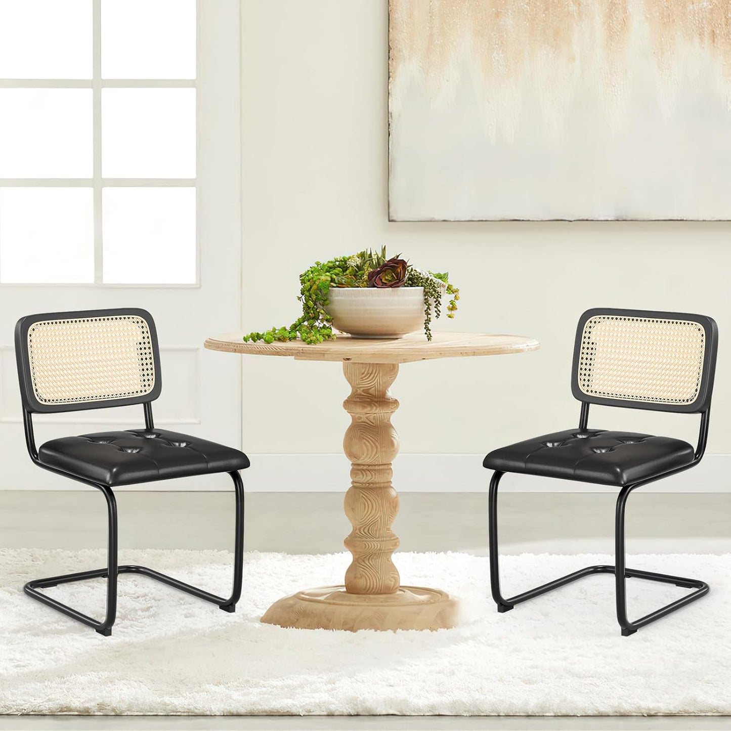 Farini Dining Chairs Set of 2, Mid-Century Modern Kitchen Chairs with Rattan Backrest & Velvet Upholstery
