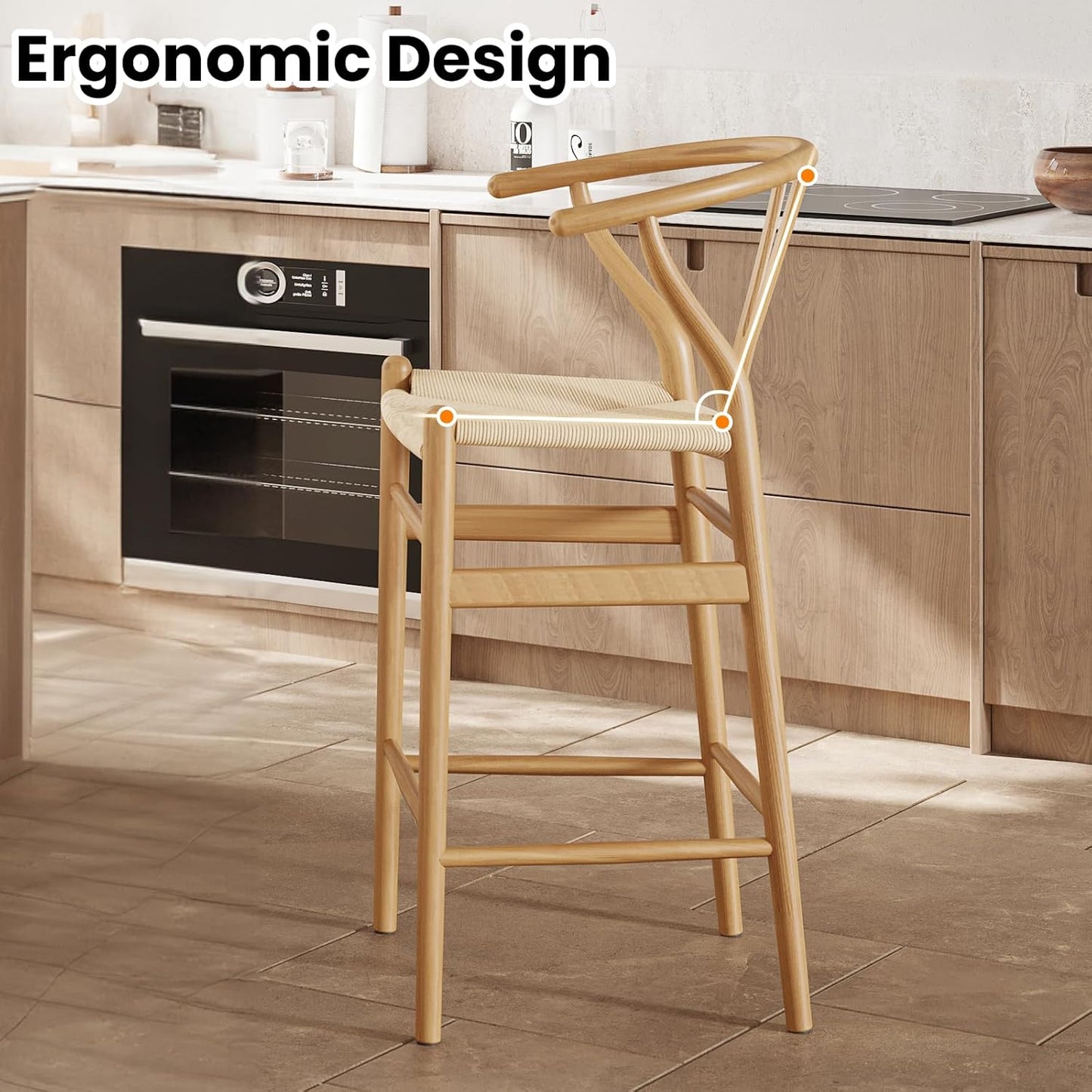 Farini Fully Assembled Wishbone Barstool Set of 2,Weave Counter Height Bar Stool for Kitchen Island,Nature