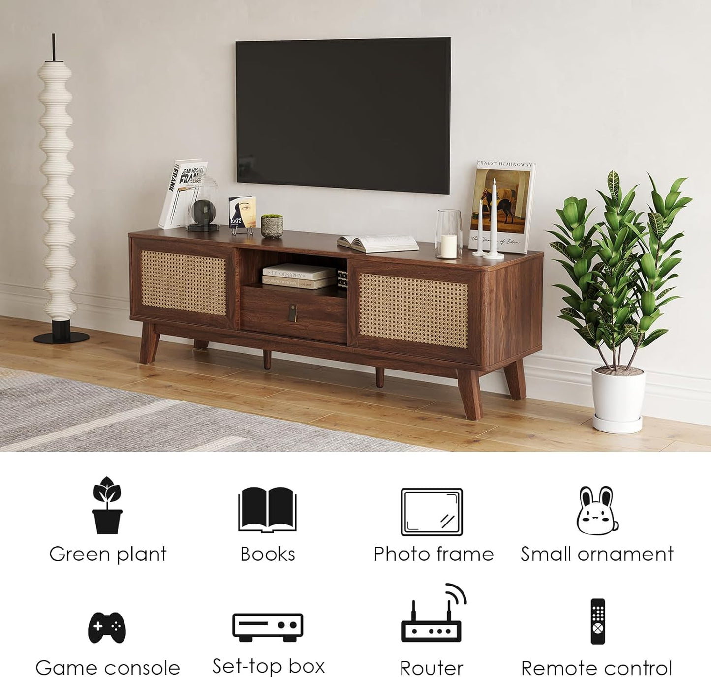 Farini Rattan TV Stand for TVs, Wood TV Stand Mid Century Modern TV Stand TV Media Console with Drawer and 2 Cabinets, Boho Entertainment Center for Living Room