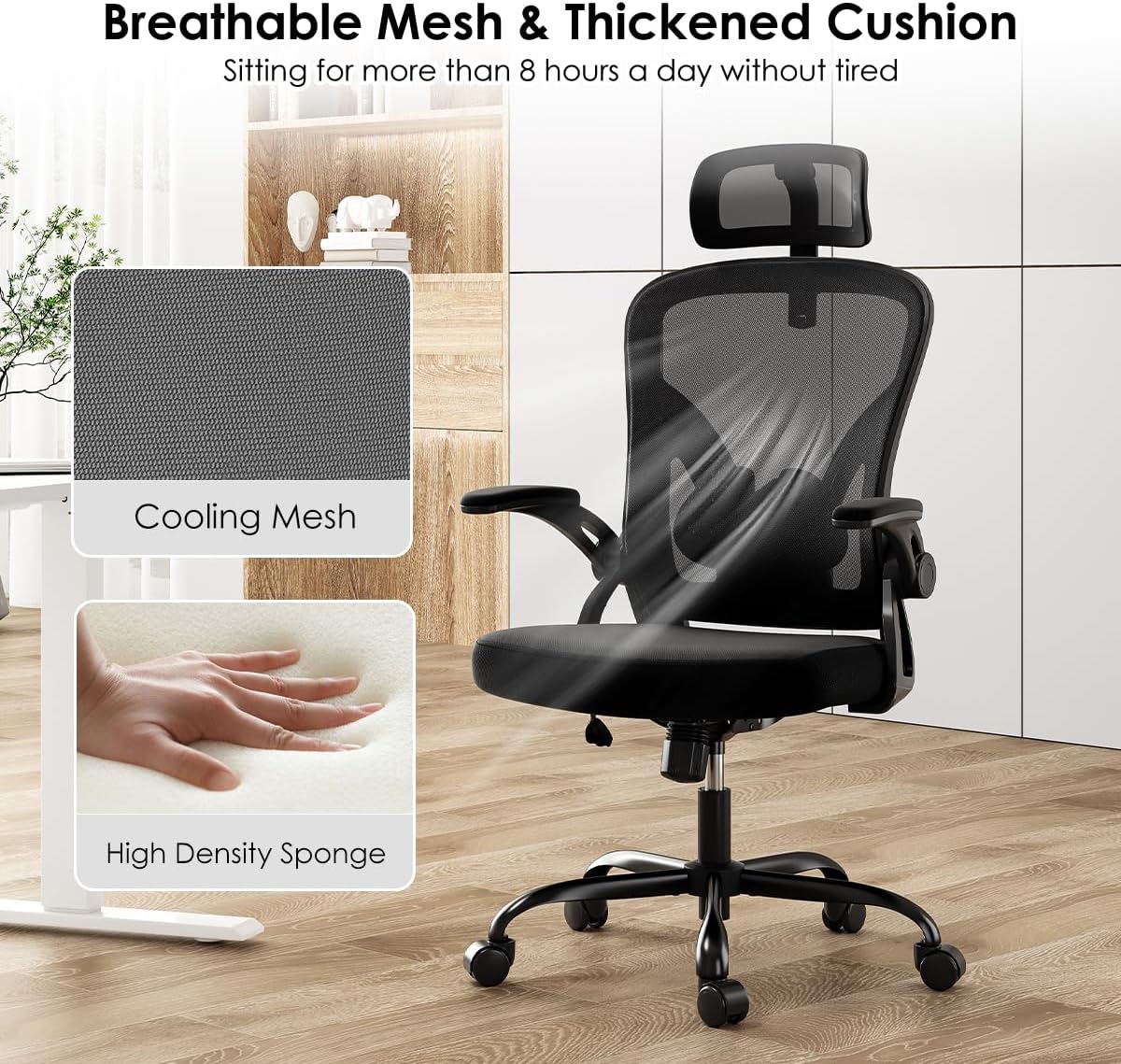 Farini Ergonomic Office Chair, Home Office Desk Chair with Headrest, High Back Computer Chair with Armrests and Adjustable Lumbar Support for Home Office Study Room, White & Khaki