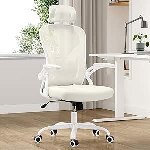 Farini Ergonomischer Stuhl mit Armlehne Büro Schreibtischstuhl mit Rollen Bequemer Home Office Stuhl, Weiß