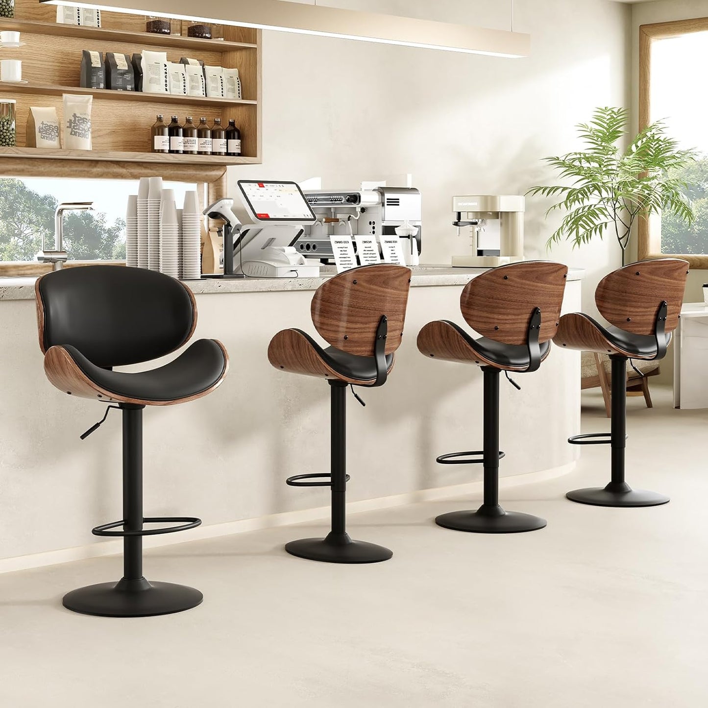 Farini Swivel Bar Stools Set of 4 Adjustable Height Bentwood Barstools with PU Leather Upholstered Seat, Backrest and Footrest,Modern Kitchen Counter Chairs for Bar, Dining Room,Black