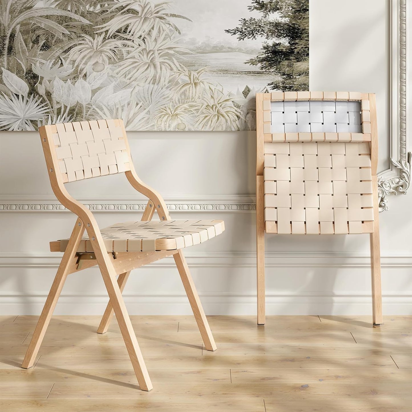 Farini Wood Folding Chairs, Foldable Chairs Wooden Indoor Stackable Dining Chairs for Kitchen & Dining Room Chair Woven Seat & Webbing Back, Dining Chair Set of 2, PU Leather