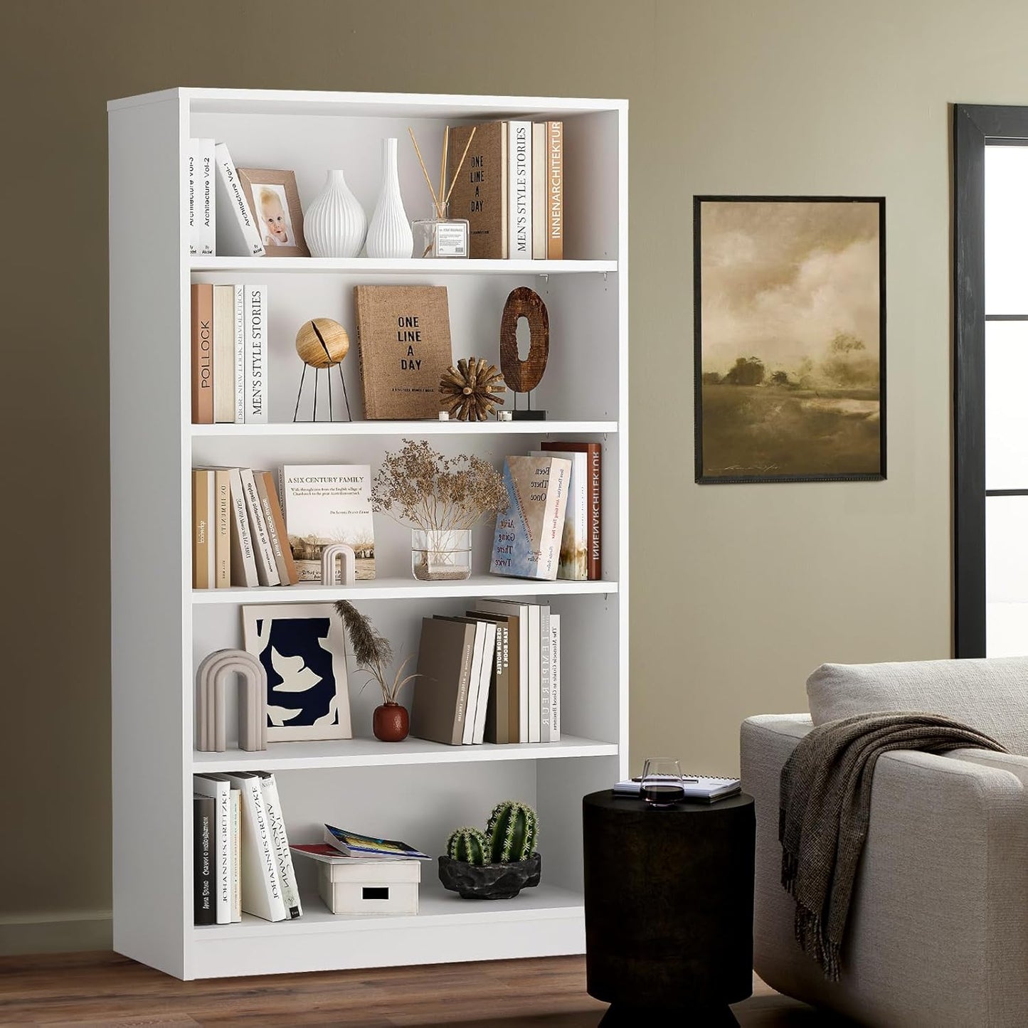 Farini White Bookcase with Adjustable Shelves, 5 Shelf Book Case, Large Tall White Bookshelf for Living Room, Bedroom, 60 in Tall, 33 in Wide, 11.6 in Deep