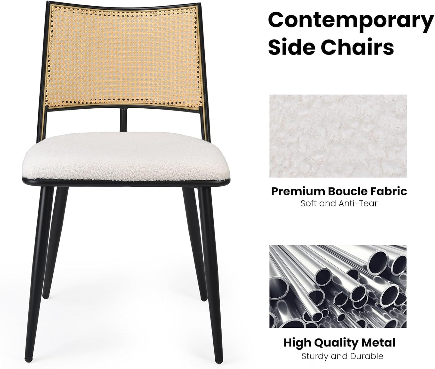 Farini Dining Chairs Set of 2 or 4, Mid-Century Modern Kitchen Chairs with Rattan Backrest & Metal Frame, Boucle Upholstered Accent Chairs for Dining Room, Kitchen, Living Room