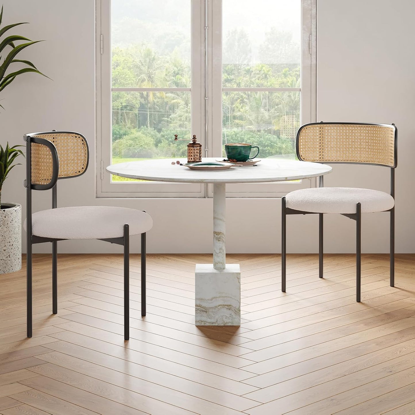 Farini Modern Upholstered Dining Chairs, Set of 2 or 4, Rattan Back Kitchen Chairs with Metal Legs