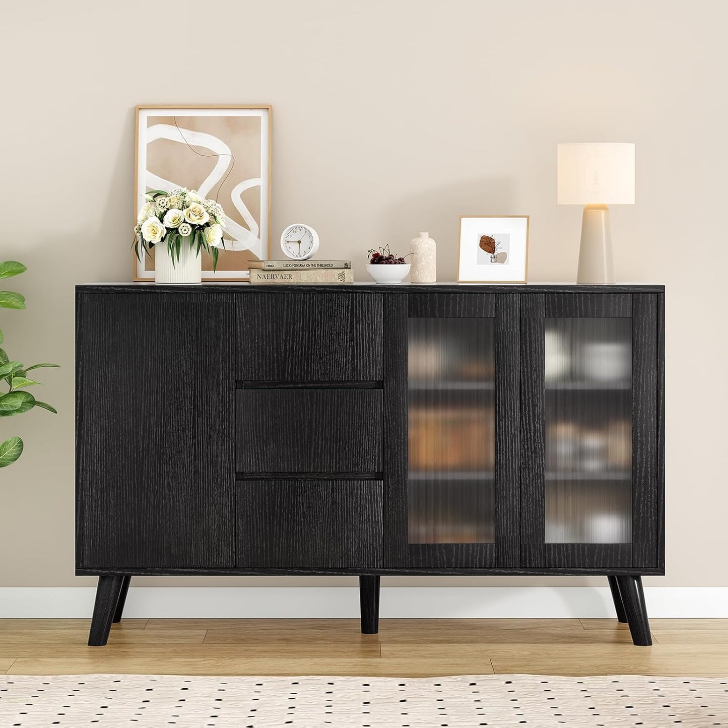 Farini Farmhouse Buffet Cabinet, 55.5" Coffee Bar with 3 Drawers and Pop-Up Doors, Large Rustic Sideboard for Dining Room, Kitchen, Hallway, and Living Room
