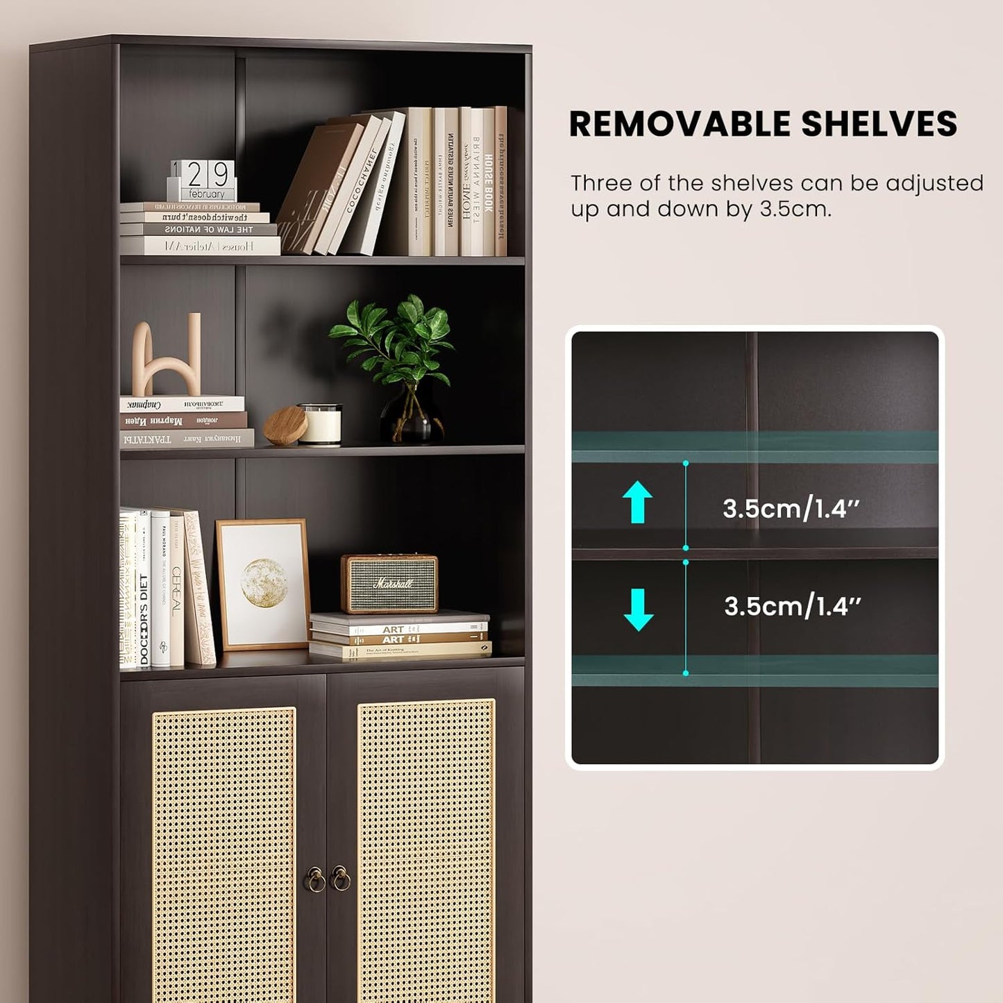 Farini Tall 5 Tier Bookcase, Storage Shelf with Rattan Doors for Living Room, Office, Library