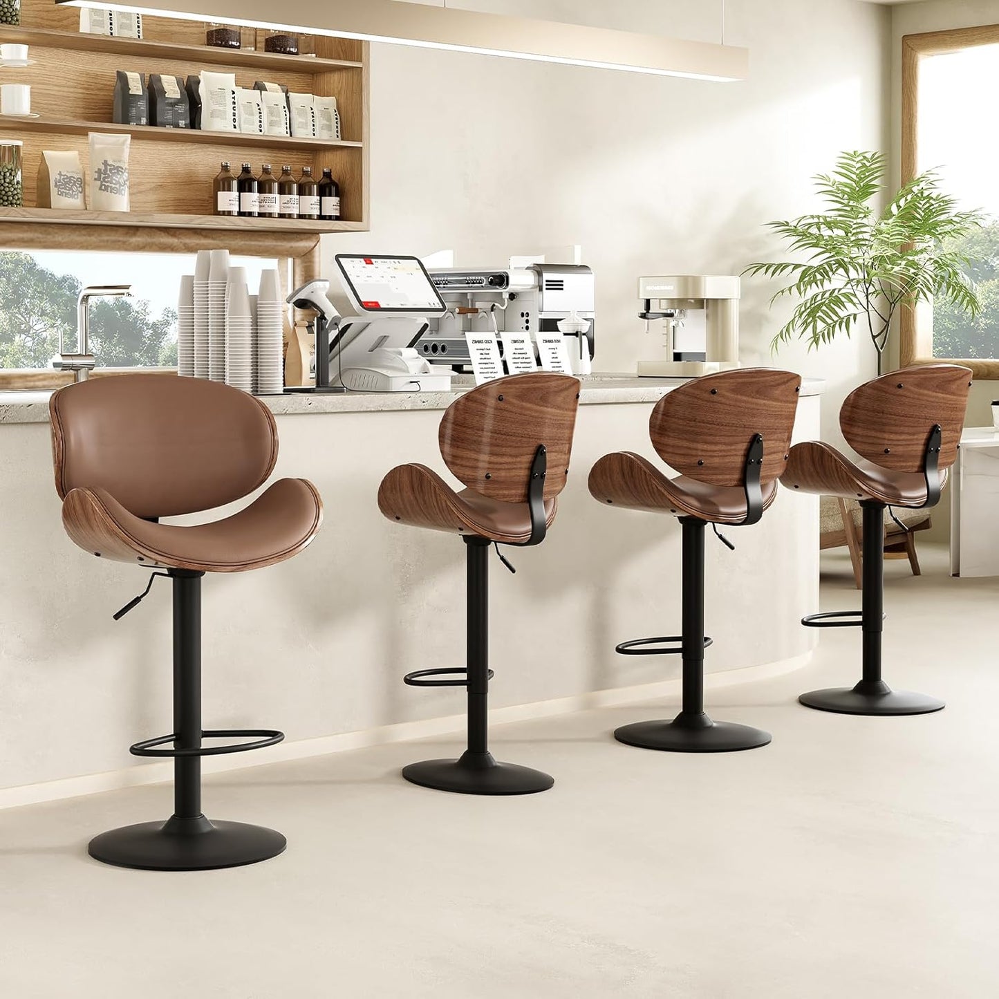 Farini Swivel Bar Stools Set of 4 Adjustable Height Bentwood Barstools with PU Leather Upholstered Seat, Backrest and Footrest,Modern Kitchen Counter Chairs for Bar, Dining Room,Black