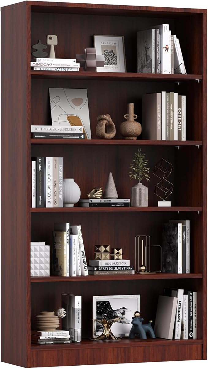 Farini 5 Tiers Bookcase, Wooden Bookcase with Adjustable Shelves for Home, Office