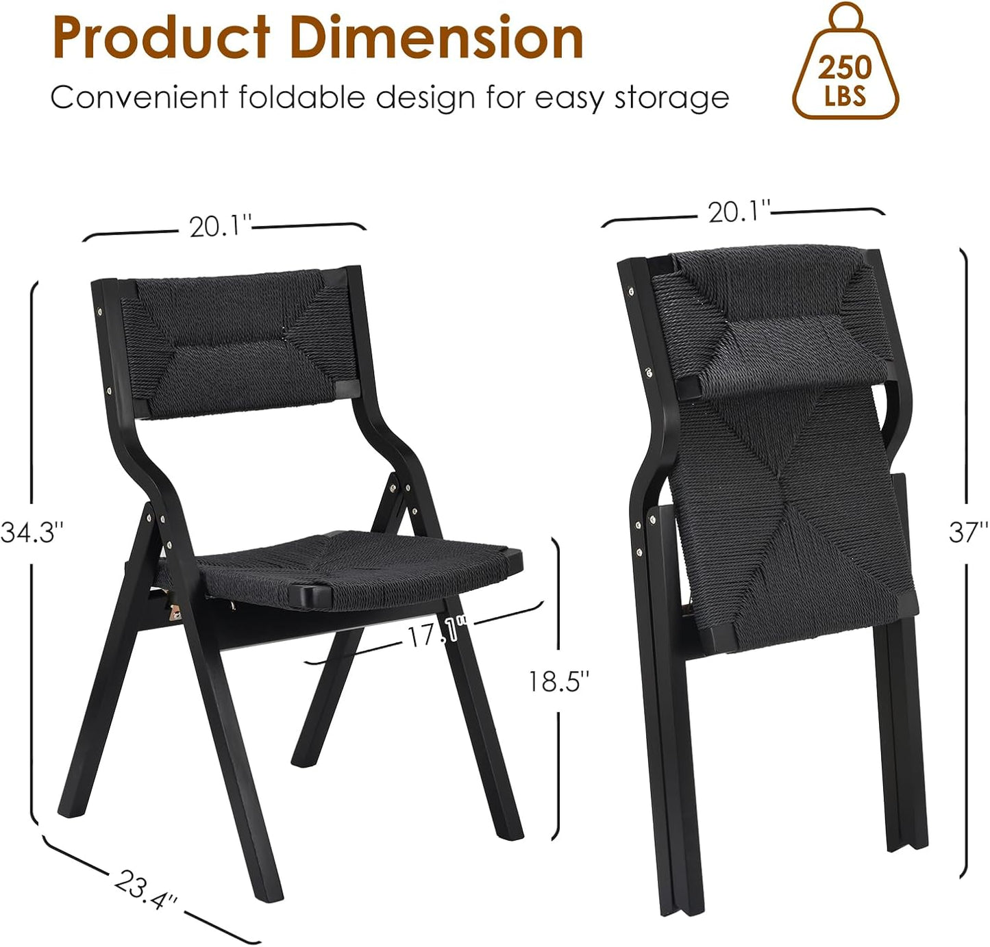 Farini Wood Folding Chairs, Foldable Chairs Wooden Indoor Stackable Dining Chairs for Kitchen & Dining Room Chair Woven Seat & Webbing Back, Dining Chair Set of 2, Woven Rope