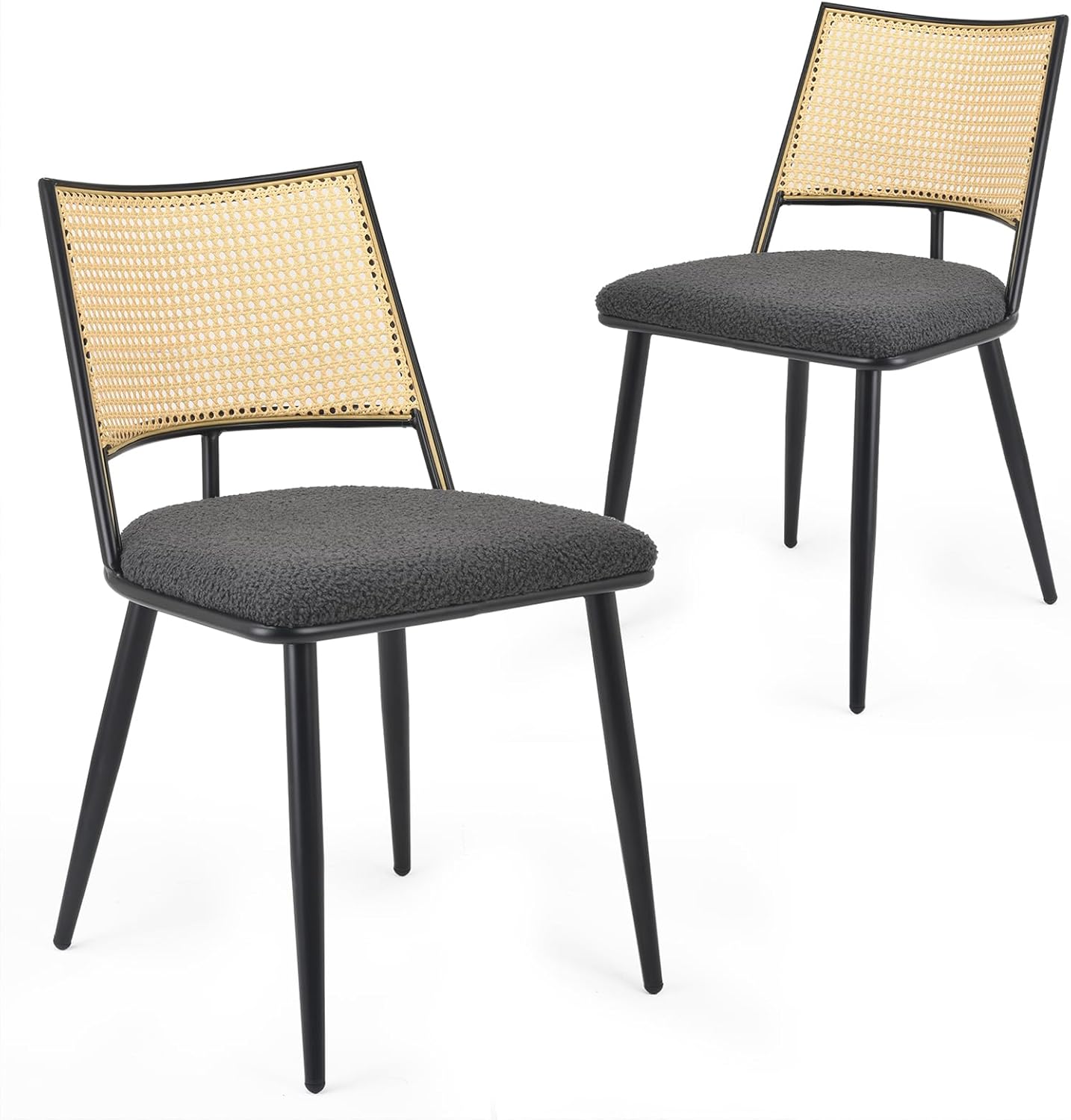 Farini Dining Chairs Set of 2 or 4, Mid-Century Modern Kitchen Chairs with Rattan Backrest & Metal Frame, Boucle Upholstered Accent Chairs for Dining Room, Kitchen, Living Room