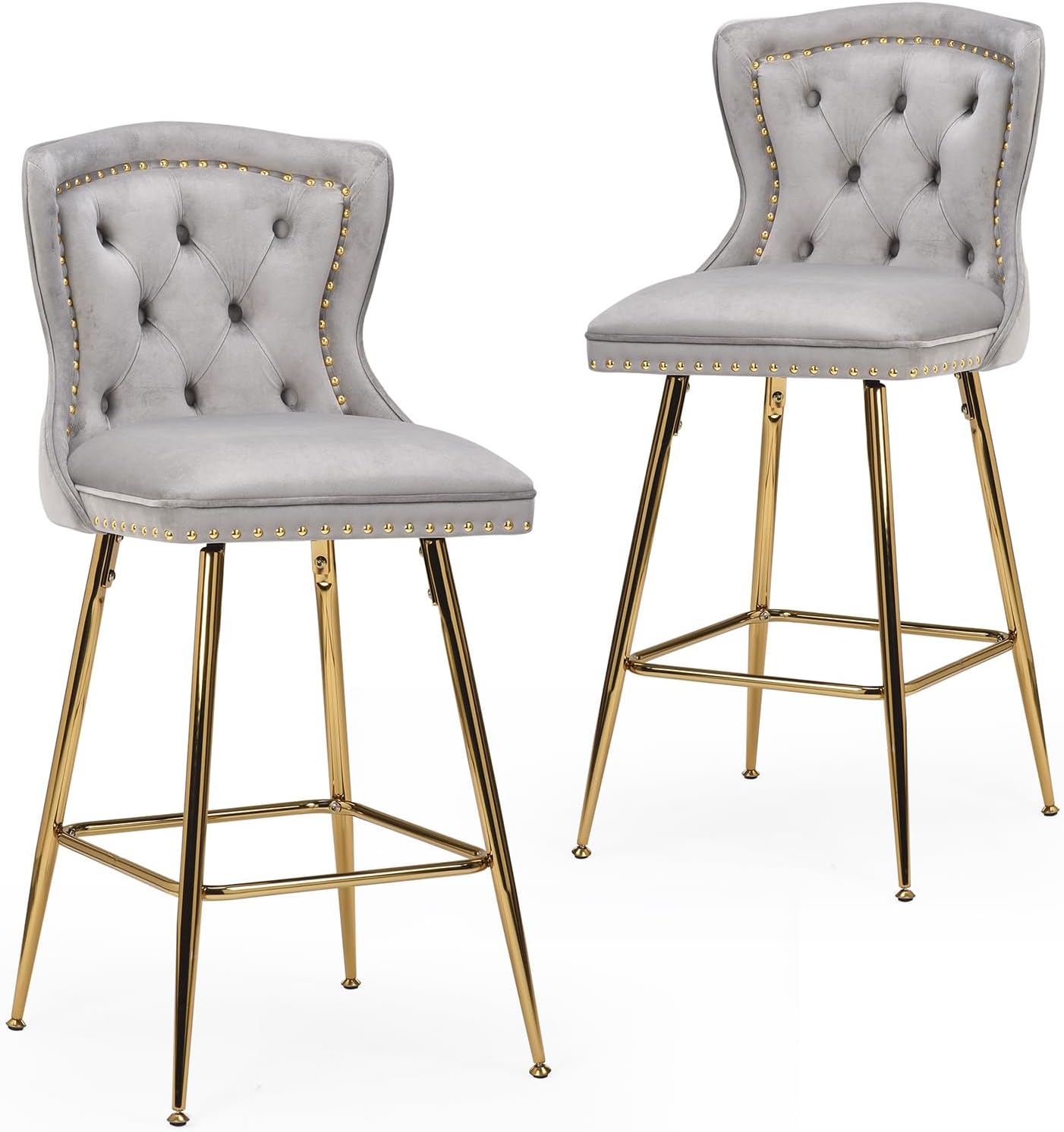 Farini Bar Stools Set of 2, Velvet Counter Height Bar Stools with Metal Legs, Button Tufted and Nailheads Trim, Wing-Back Bar Chairs for Kitchen Island Dining Room Pub