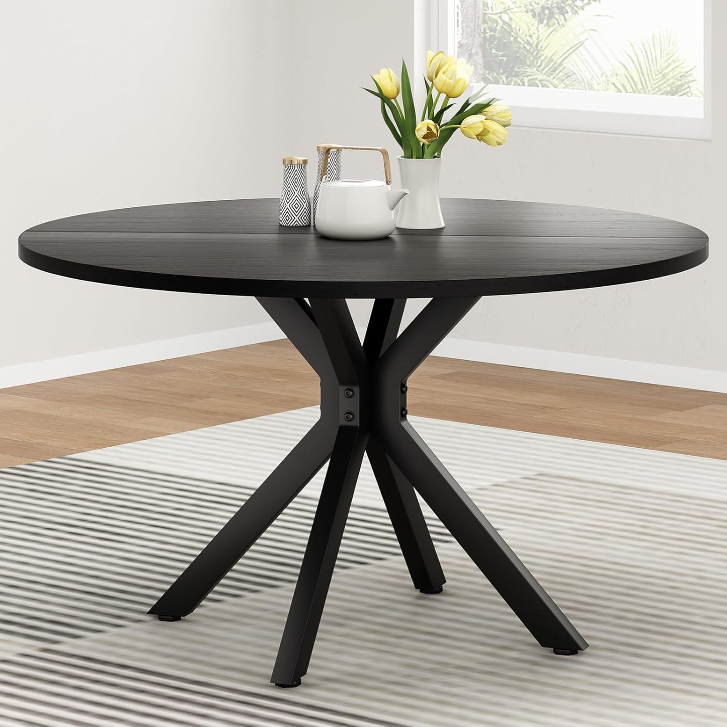 Farini 47.2" Solid Wood Round Dining Kitchen Table for 4-6 People with Intersecting Pedestal Base