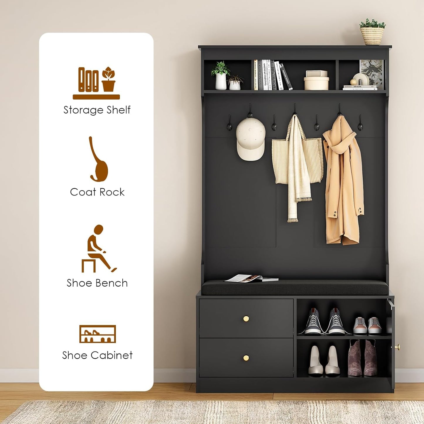 Farini Hall Tree with Bench and Shoe Storage, Mud Room with Seating and 7 Hooks, 6-In-1,for Entryway, 70.9"