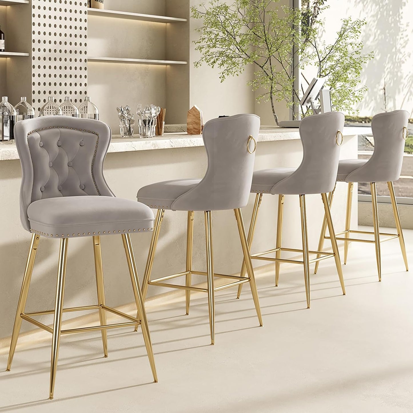 Farini Bar Stools Set of 4, Velvet Counter Height Bar Stools with Metal Legs, Button Tufted and Nailheads Trim, Wing-Back Bar Chairs for Kitchen Island Dining Room Pub