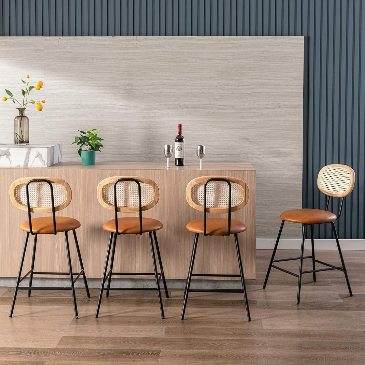 Farini Counter Stools Set of 4, Bar Stools, Indoor Metal Counter Height Barstools for Home, Faux Leather Counter Stool with Rattan Backrest