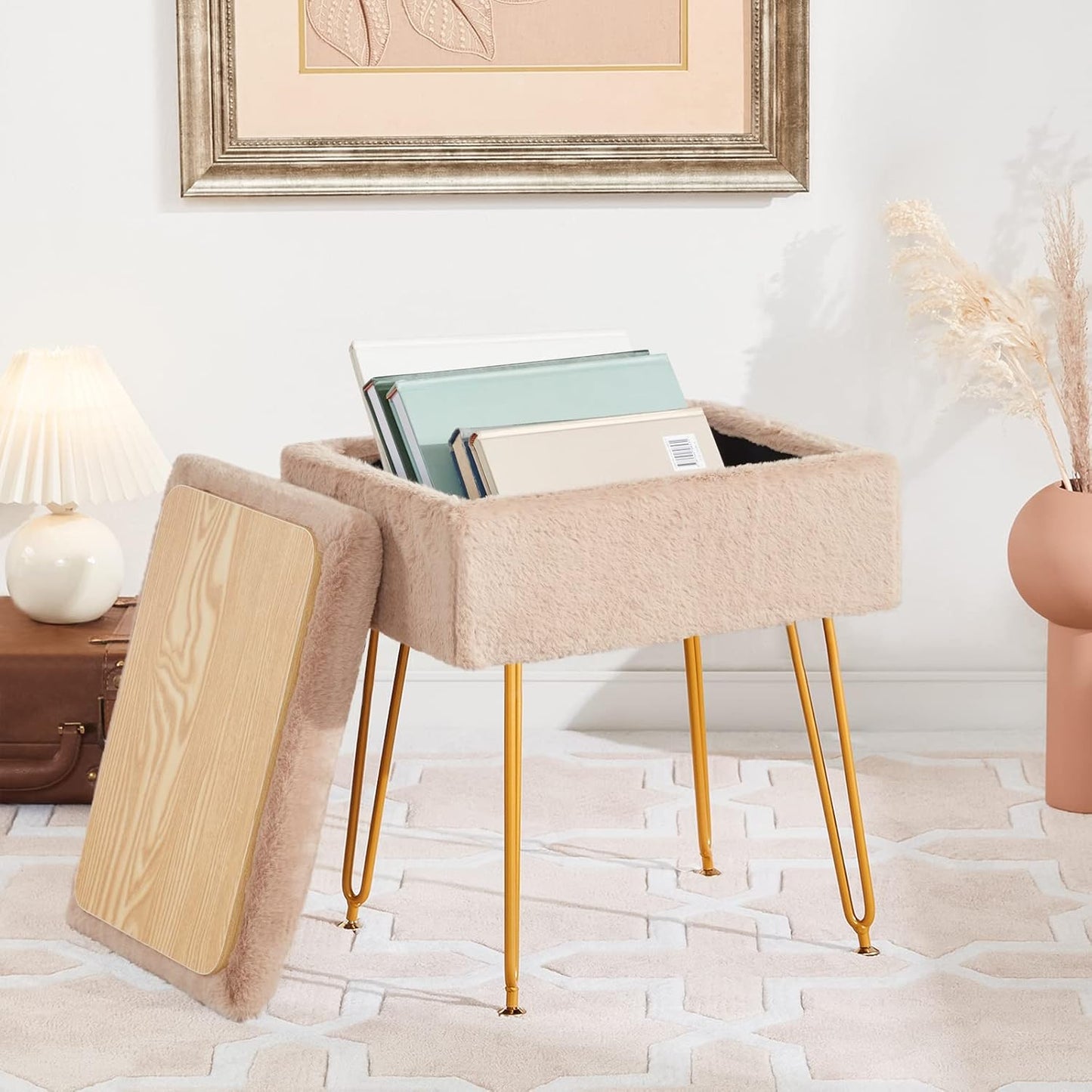 Farini Vanity Chair Storage Ottoman, Faux Fur Makeup Stool, Foot Rest for Living Room, Bedroom, Metal Legs