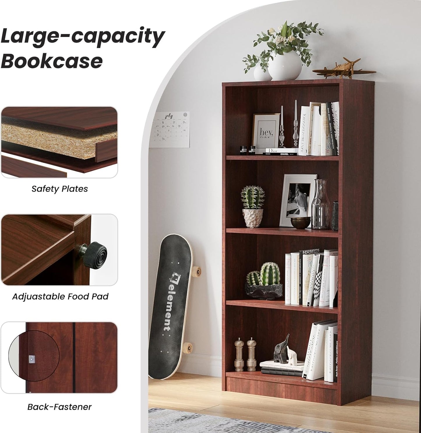 Farini Bookcase Freestanding 4 Shelf Wood Bookshelf Adjustable Shelves for Home Office,4 Layer, Cherry