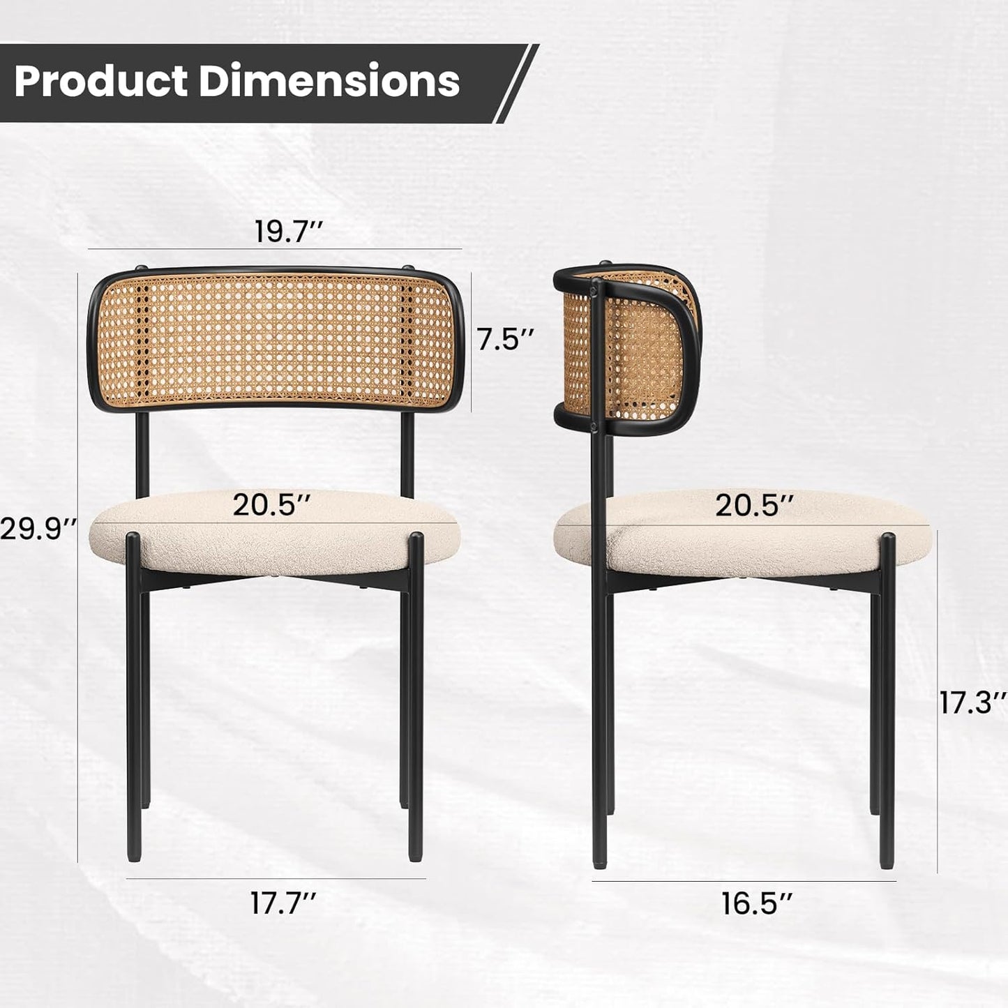 Farini Modern Upholstered Dining Chairs, Set of 4, Rattan Back Kitchen Chairs with Metal Legs, Light Brown