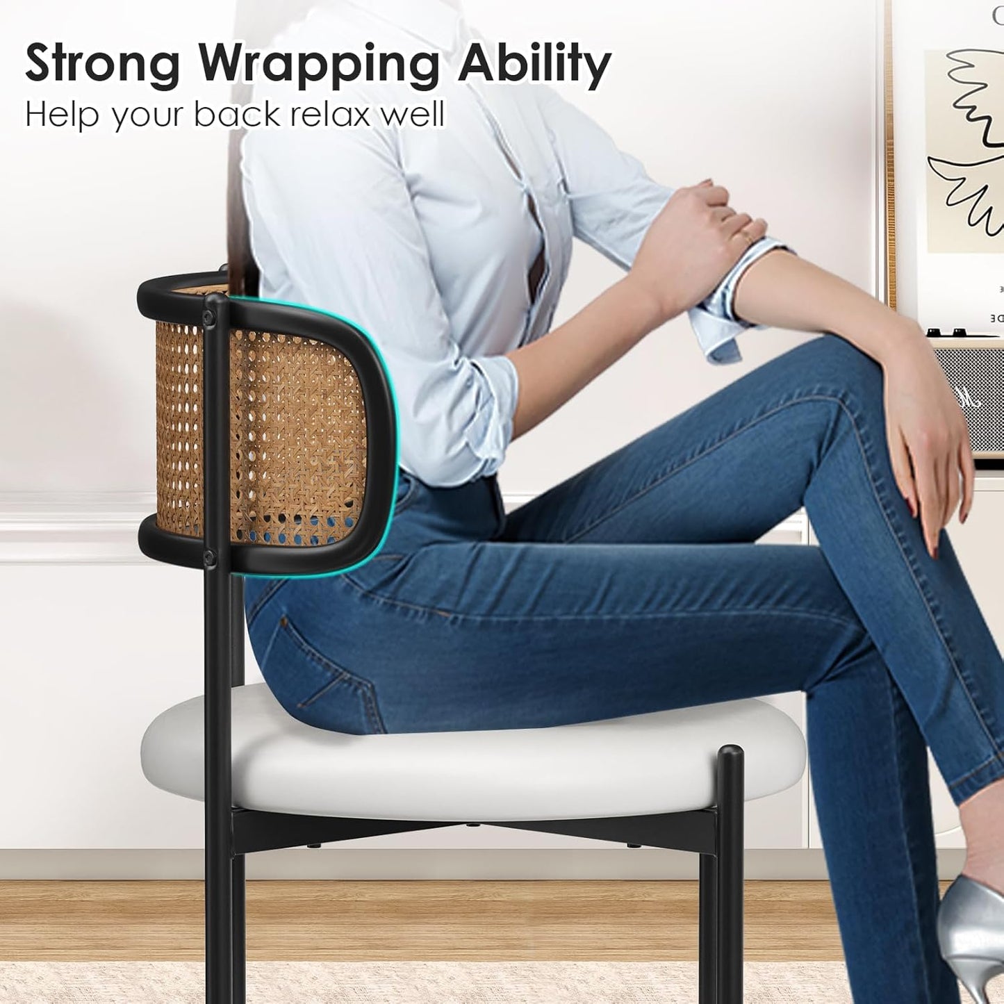 Farini Dining Chairs Set of 4, PU Leather Upholstered Seat with Woven Rattan Back, Sturdy Metal Legs Modern Side Chairs for Kitchen Living Room Restaurant