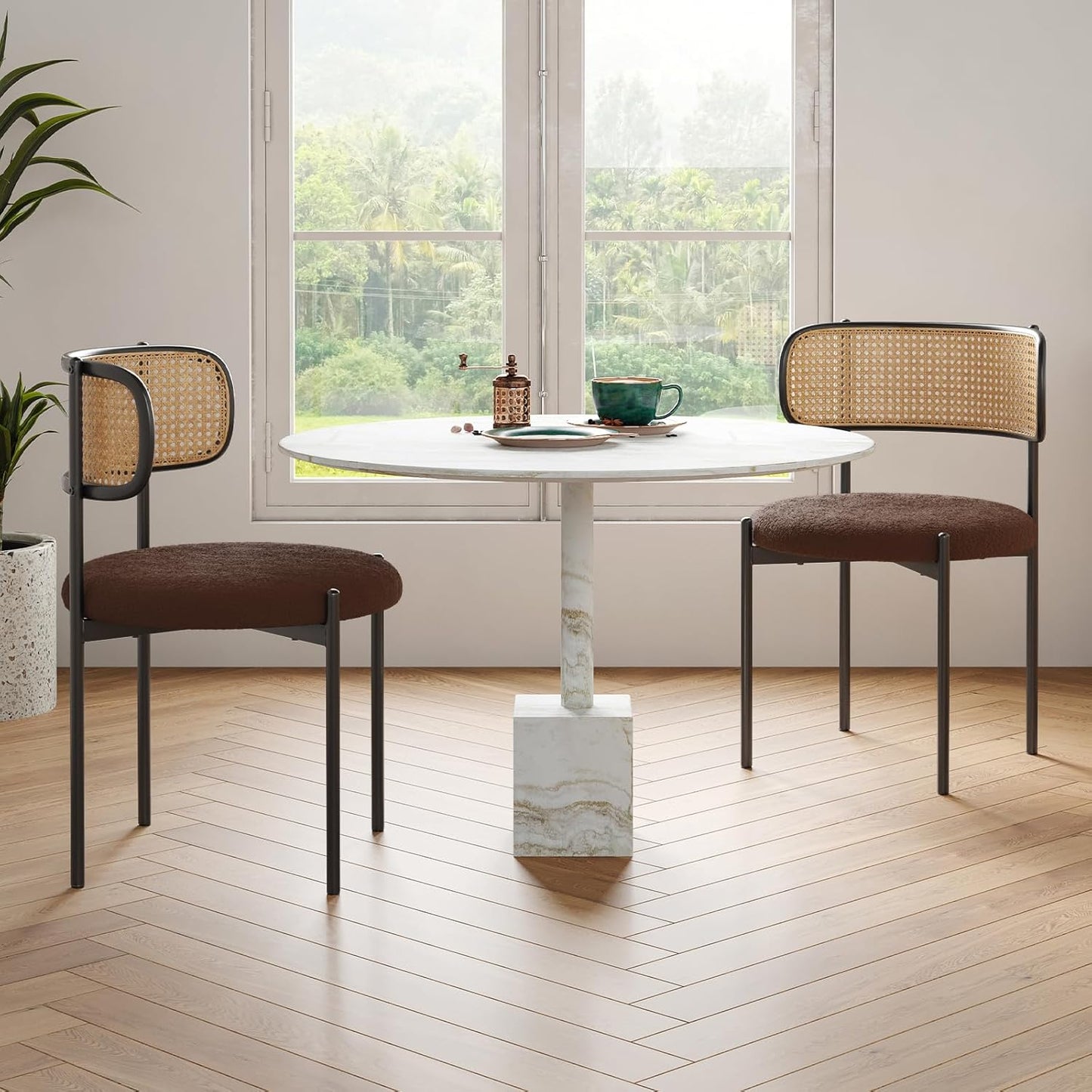 Farini Modern Upholstered Dining Chairs, Set of 2, Rattan Back Kitchen Chairs with Metal Legs, Coffee