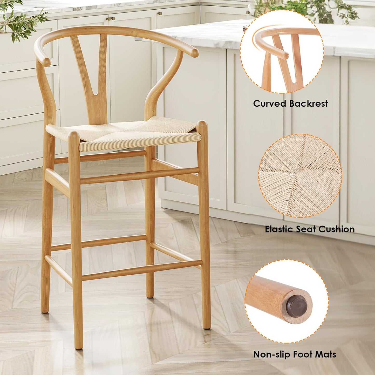 Farini Fully Assembled Wishbone Barstool Set of 2,Weave Counter Height Bar Stool for Kitchen Island,Nature