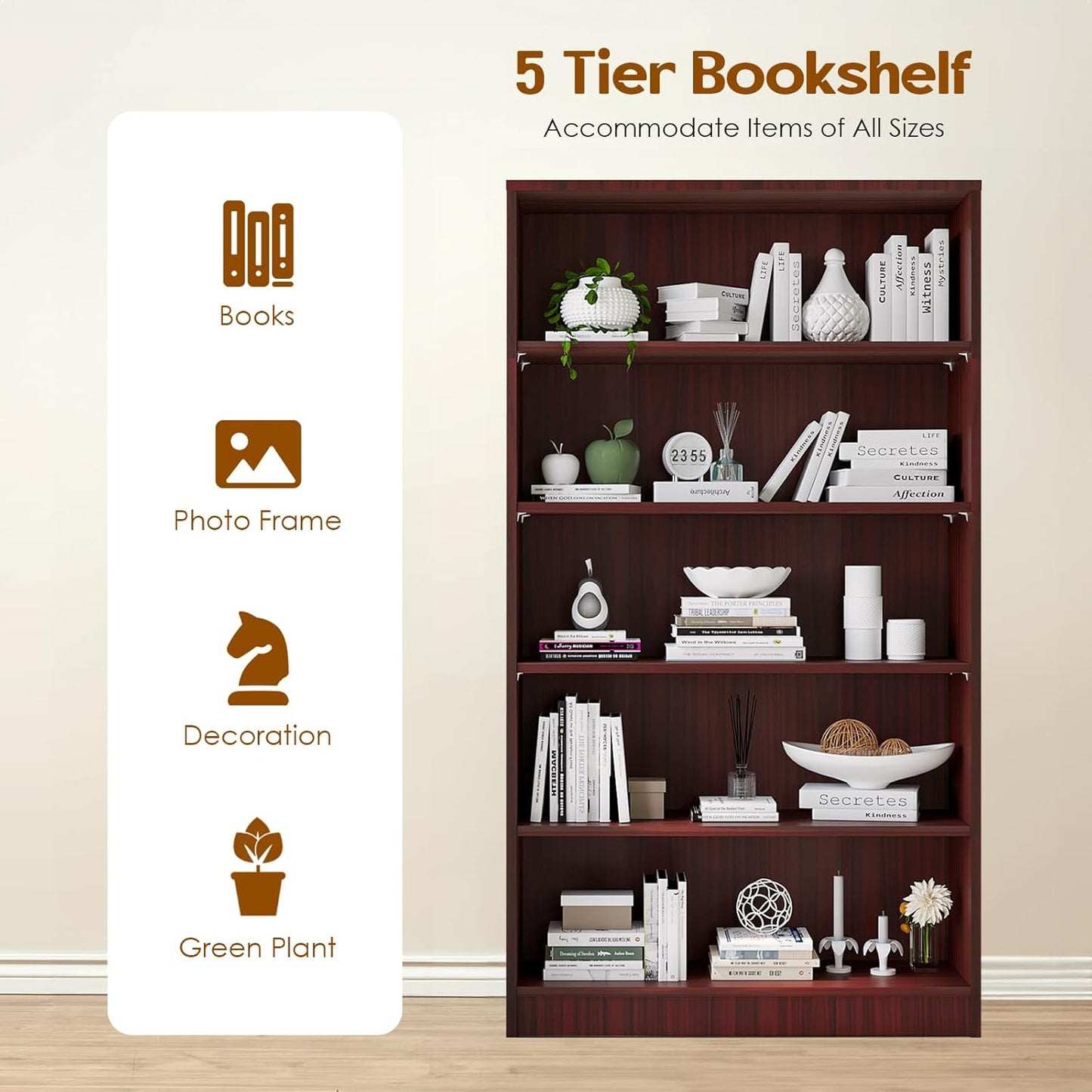 Farini 5 Shelf Bookcase,60 Inch Wood Tall Bookshelves for Living Room