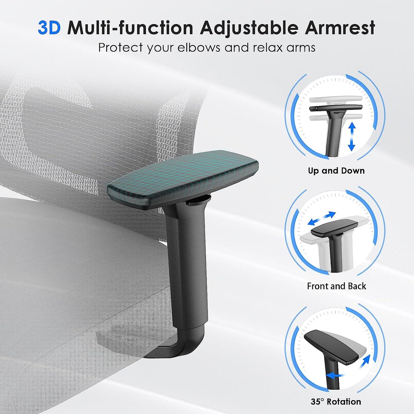 Farini Ergonomic Mesh Office Chair, Computer Desk Chair Ergonomic with Headrest, Adjustable Lumbar Support and 3D Armrests, High Back Office Chair