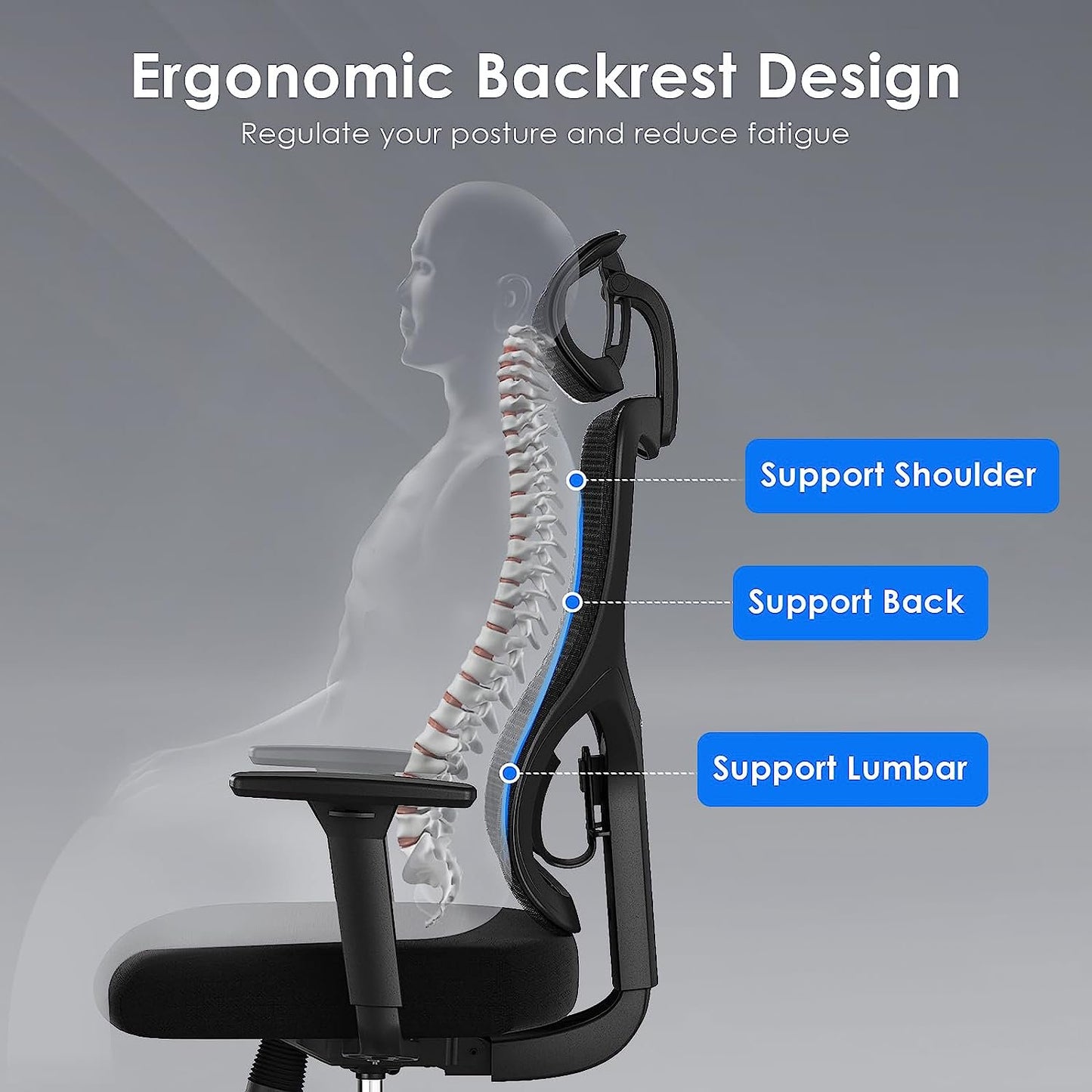 Farini Ergonomic Mesh Office Chair, Computer Desk Chair Ergonomic with Headrest, Adjustable Lumbar Support and 3D Armrests, High Back Office Chair