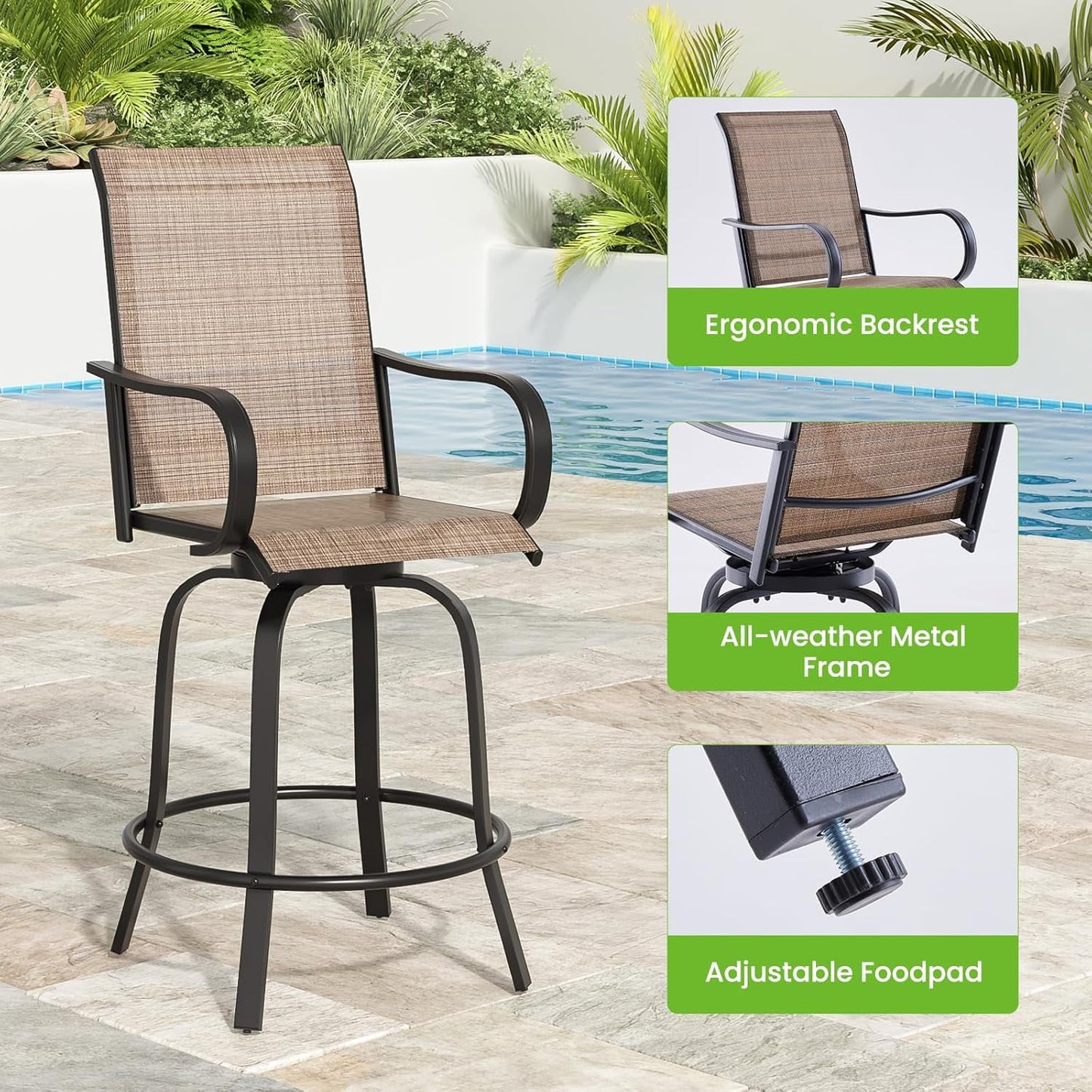 Farini Outdoor Bar Stools Set, 360°Swivel Patio Barstools with Textile Fabric,Ergonomic Comfort Bar Height Tall Outdoor Stools for Balcony