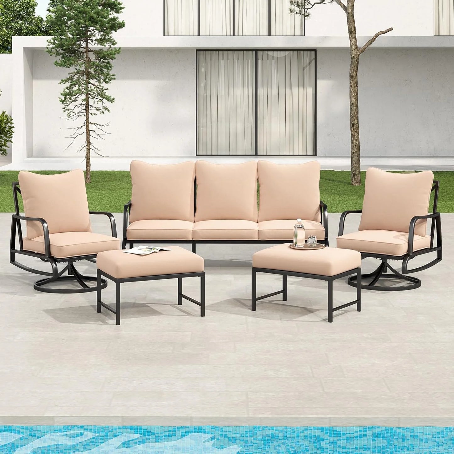 Farini Small Patio Furniture Set, Outdoor Swivel and Rocking Patio Chairs, Metal Outdoor Swivel Chair Sofa with 4" Thick Cushions, Bistro Set for Porch, Balcony, and Backyard