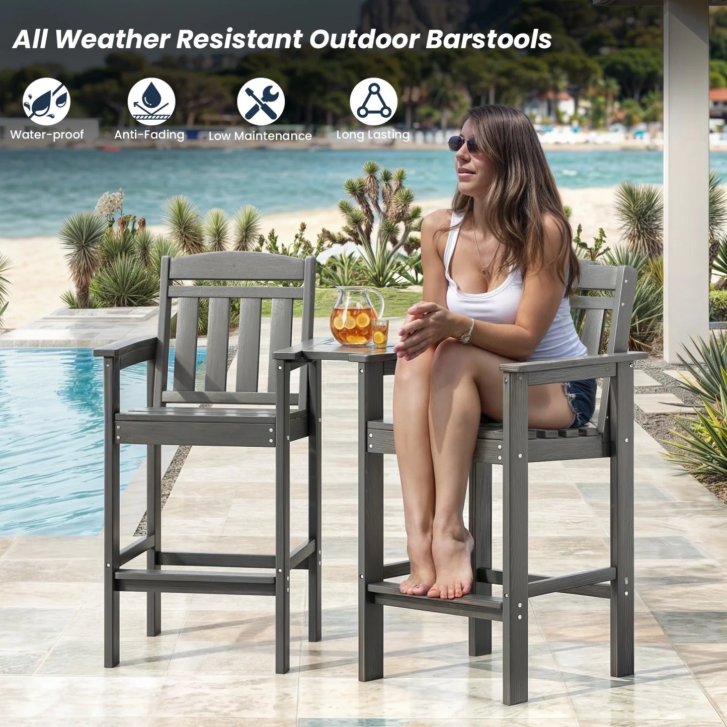 Farini Tall Adirondack Chairs Set of 2, HDPE Adirondack Bar Stools with Connecting Tray, Bar Height Adirondack Chair Patio Barstool, Ideal All Weather Tall Patio Chair for Balcony, Poolside, Backyard