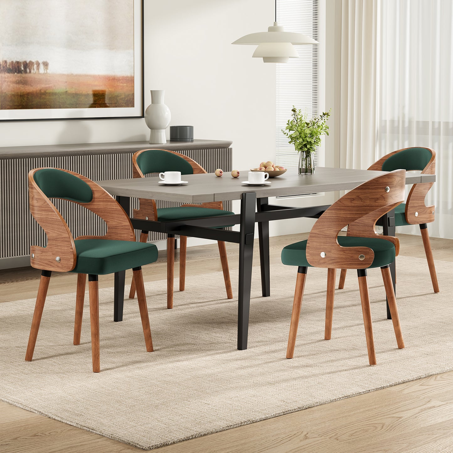Farini Set of 4 Wood Dining Chairs with Curved Backrest for Kitchen Dining Room, Dark Green