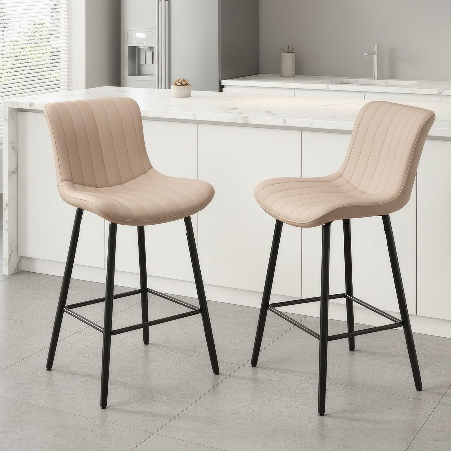 Farini 26" Counter Stools Set of 2, Faux Leather Barstools, Counter Height Chairs for Kitchen Islands & Dining Rooms, Khaki