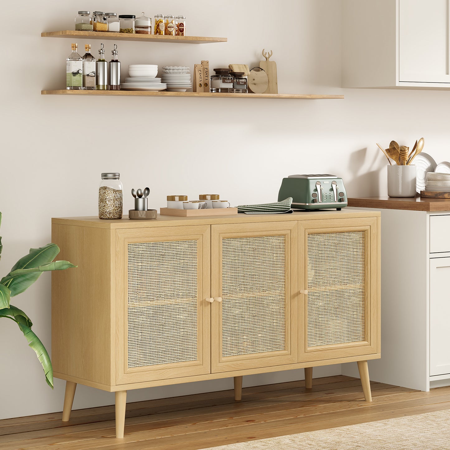 Farini Modern Sideboard Buffet, 3-Door Rattan Storage Cabinet for Kitchen, Living Room & Entryway