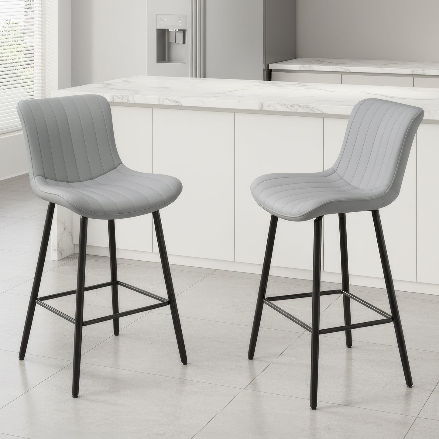 Farini 26" Counter Stools Set of 2, Faux Leather Barstools, Counter Height Chairs for Kitchen Islands & Dining Rooms, Gray