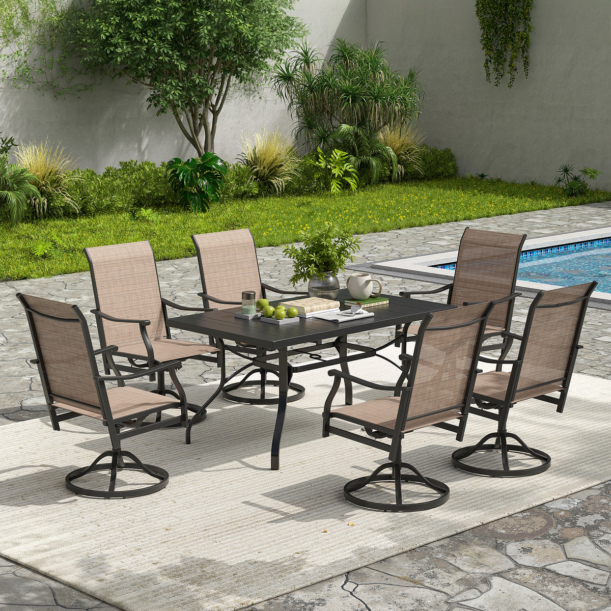 Farini Outdoor 360° Swivel Dining Chairs Set of 6, Textilene Fabric, Rust-Resistant Metal Frame, All-Weather Ergonomic Seating for Patio, Backyard or Balcony, Brown