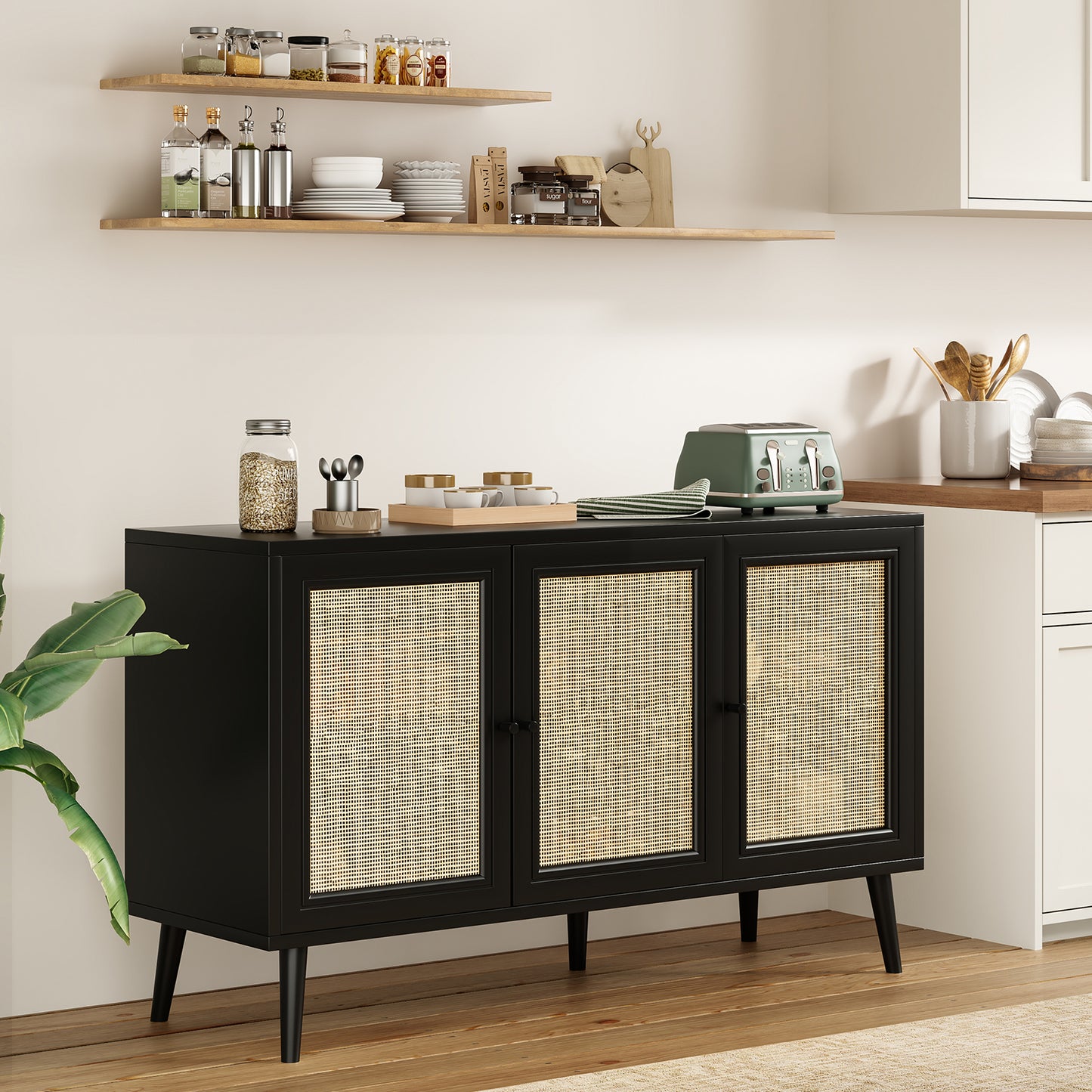 Farini Modern Sideboard Buffet, 3-Door Rattan Storage Cabinet for Kitchen, Living Room & Entryway