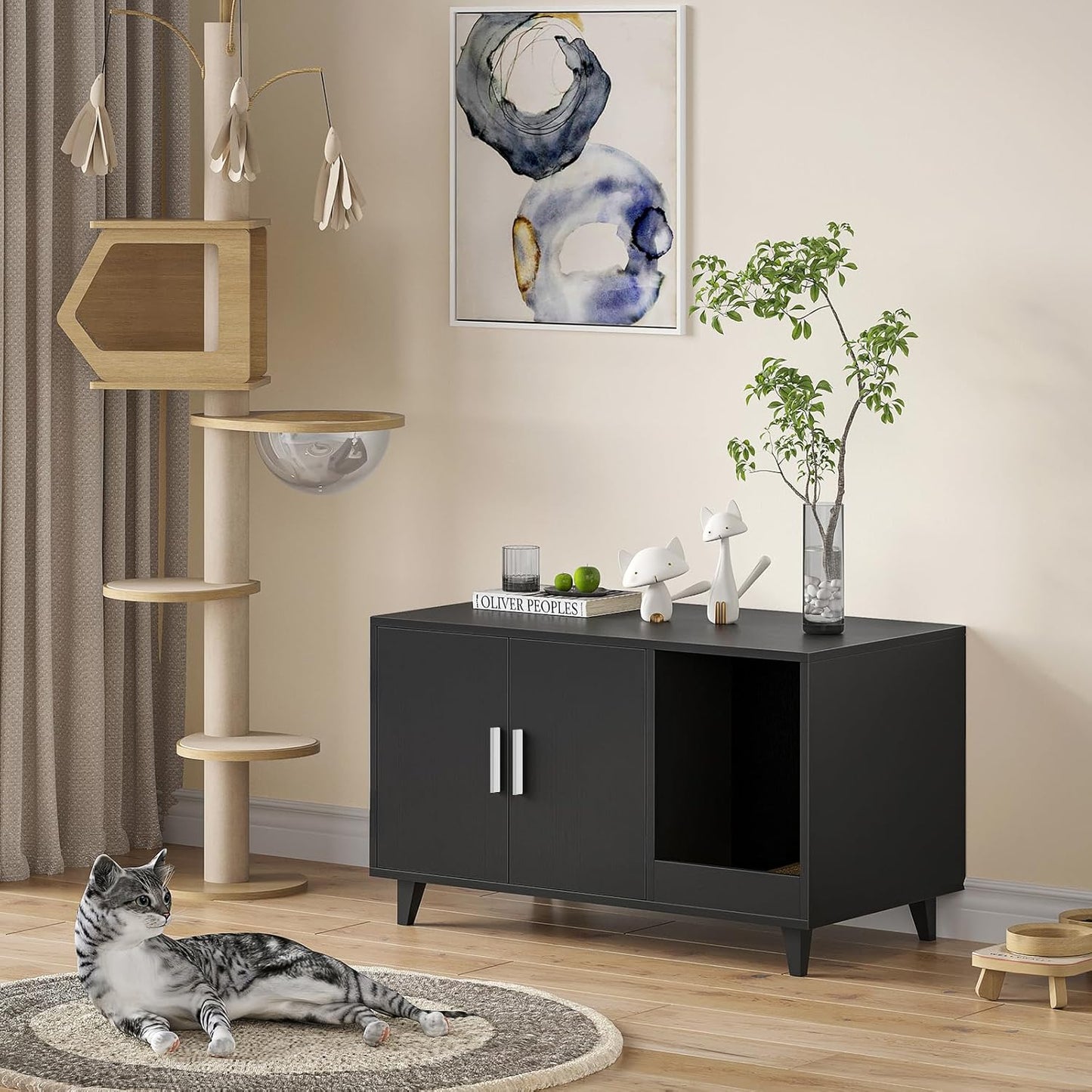 Farini Hidden Cat Litter Box Enclosure Furniture with Scratching Mat, Black