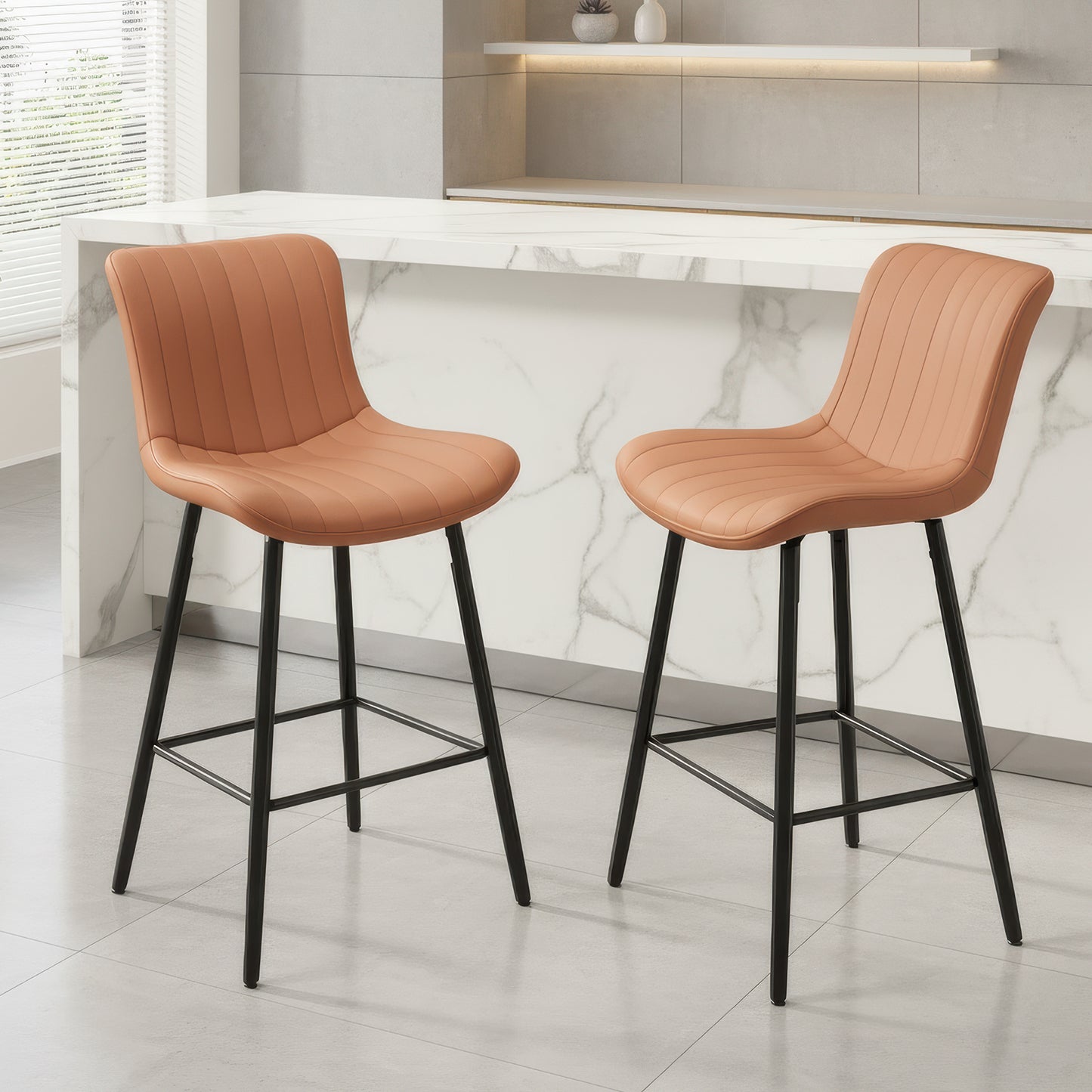 Farini 26" Counter Stools Set of 2, Faux Leather Barstools, Counter Height Chairs for Kitchen Islands & Dining Rooms, Brown